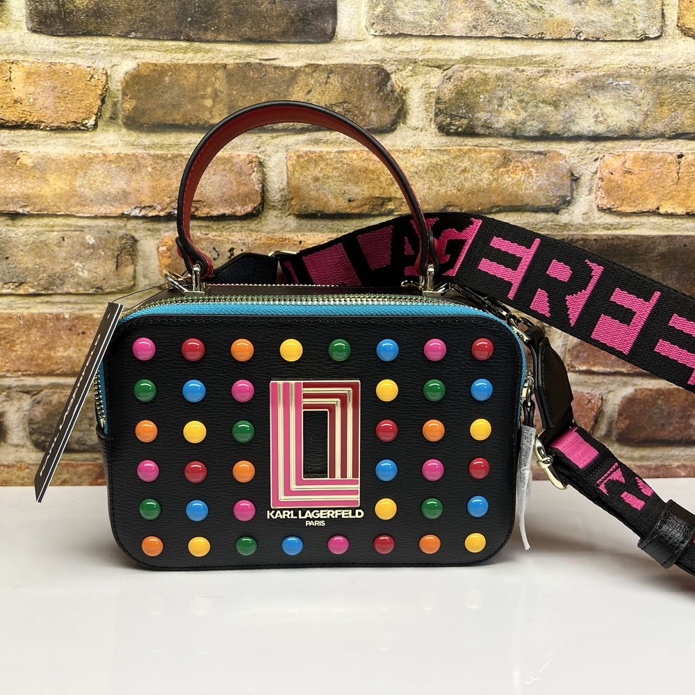 Karl Lagerfeld Paris Pebbled Satchel Crossbody Handbag Black Rainbow Color